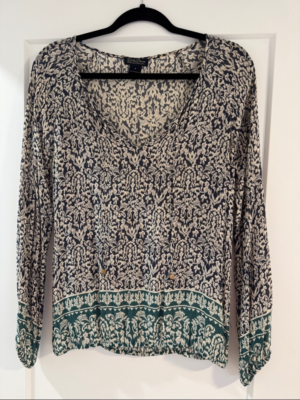 Lucky Brand V-Neck Printed Blouse in Navy, Cream and Green